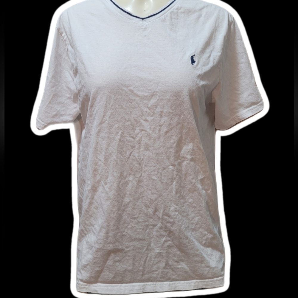 polo ralph lauren white vneck tee with navy trim (unisex) ૮ • ﻌ - ა